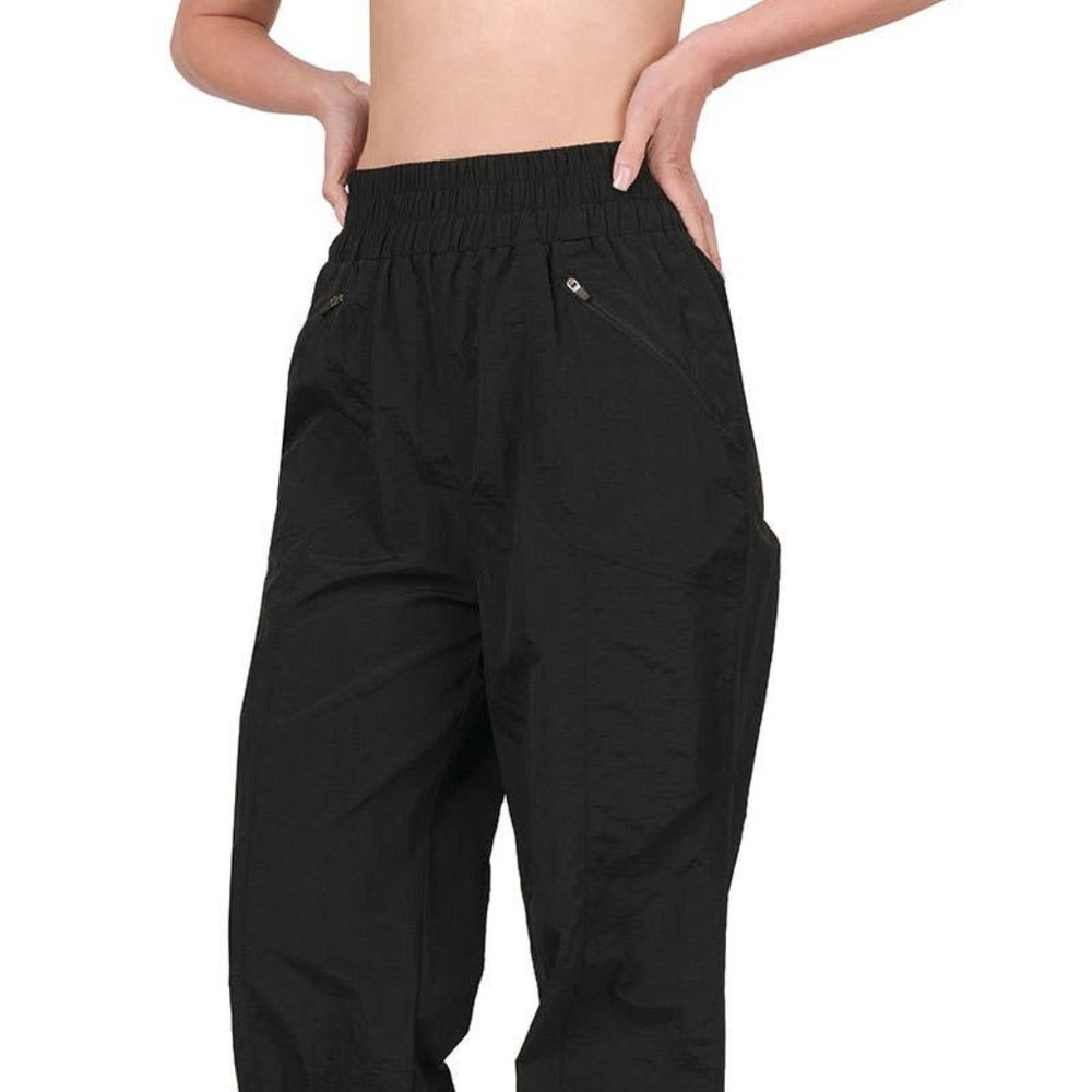 NwT Zenana High Waistband Windbreaker Jogger Pants--Black